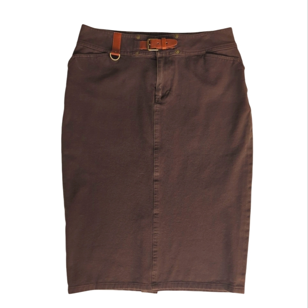Lauren Ralph Lauren Belted Denim Pencil Skirt 2 Brown Front Pockets Kick Pleat